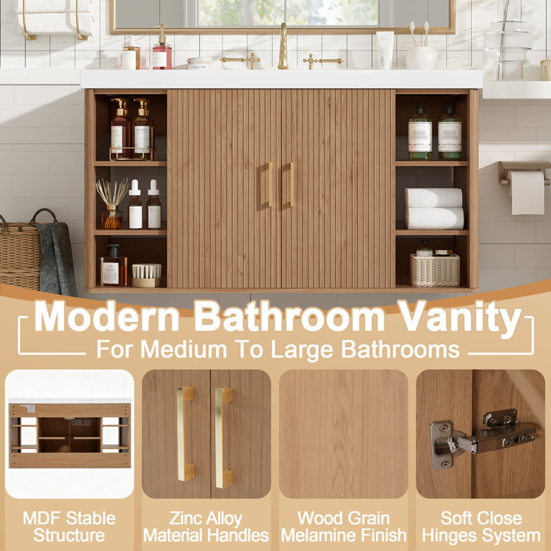 Meuble-lavabo mural 42 po avec comptoir d'évier - Armoire flottante moderne en bois aggloméré, finition bois, 2 portes, 6 compartiments ouverts