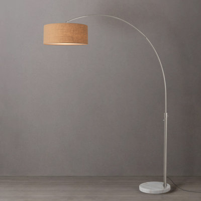 Lampe à arc 92 po Float - nickel satiné, base en marbre blanc, abat-jour en toile de jute, intensité variable, ampoule incluse