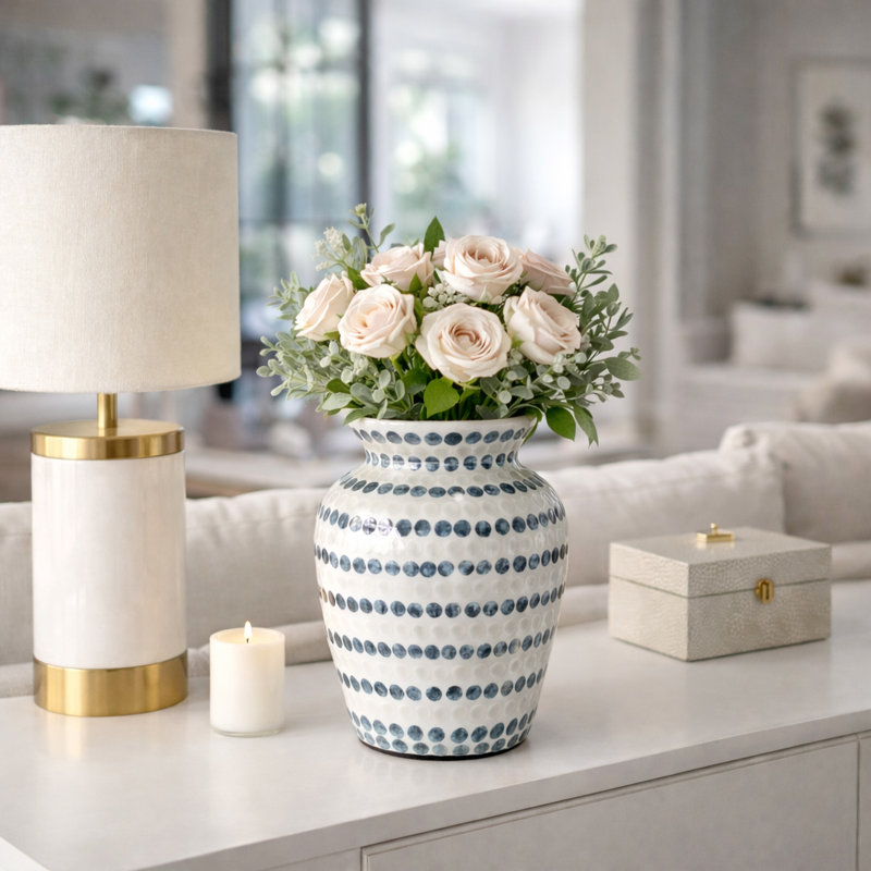 Decorative Vase With Dots Pattern For Home Decor - Statement Capiz Tall Flower Vase For Living Room Accent - Floor Inspired Vase For Entryway Display - 12", Ivory & Blue