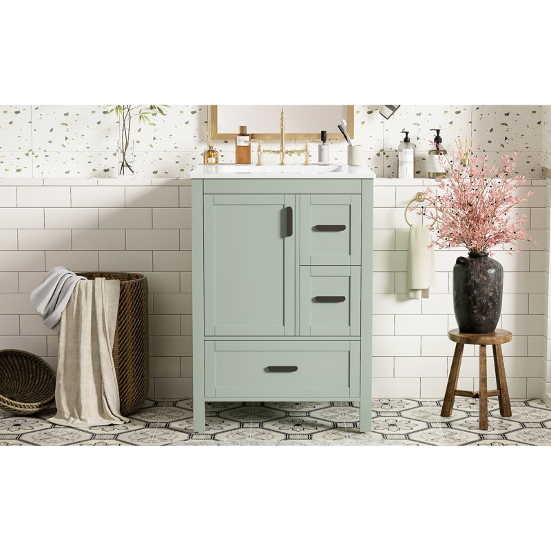 Meuble-lavabo de 24 pouces avec pieds en bois massif, panneaux et cadre de tiroir spacieux, portes et espace sous l'évier spacieux
