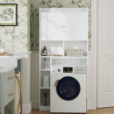 Over-The-Toilet Bathroom Storage Cabinet With Adjustable Shelf Double Doors And Open Shelves For Flexible Organization