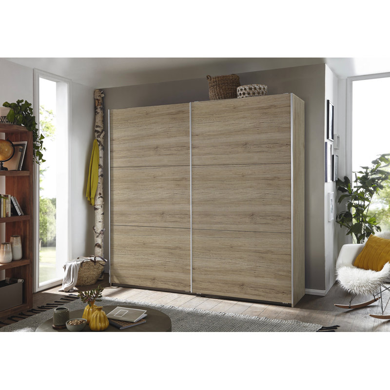 Santiago sliding door wardrobe, 210cm H x 218cm W x 59cm D, Premium:1Sh/C.R/(4)Sh/1hookrail/floatingdamper, Grey Metallic