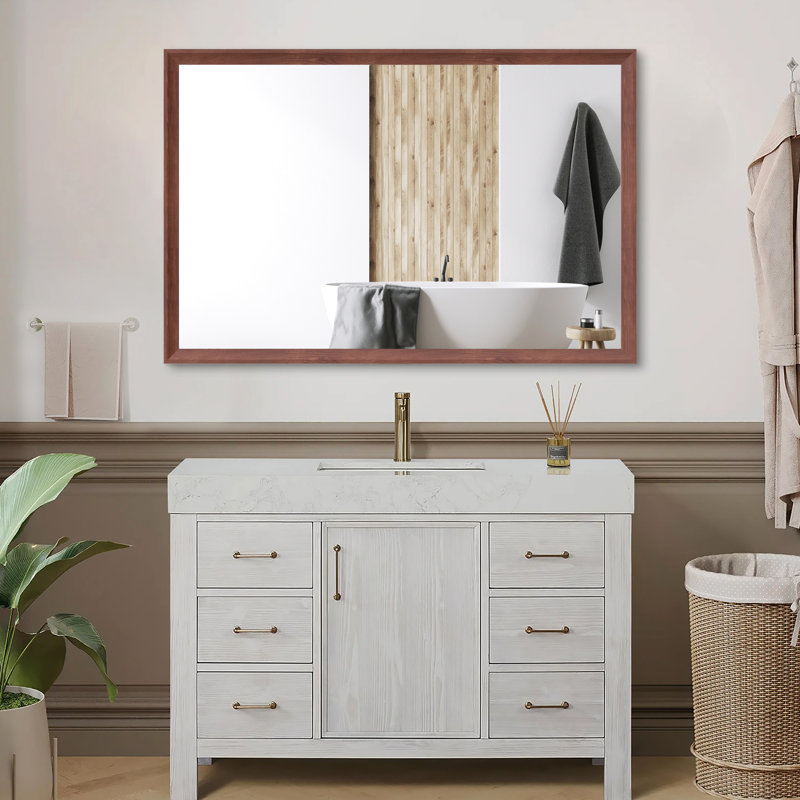 Très grand miroir mural de salle de bain moderne de 48 po x 32 po avec structure en aluminium de couleur noyer, vision tous azimuts, suspension verticale ou horizontale, preuve, assemblage rapide, cadre surdimensionné de 48 po x 32 po à assemblage rapide