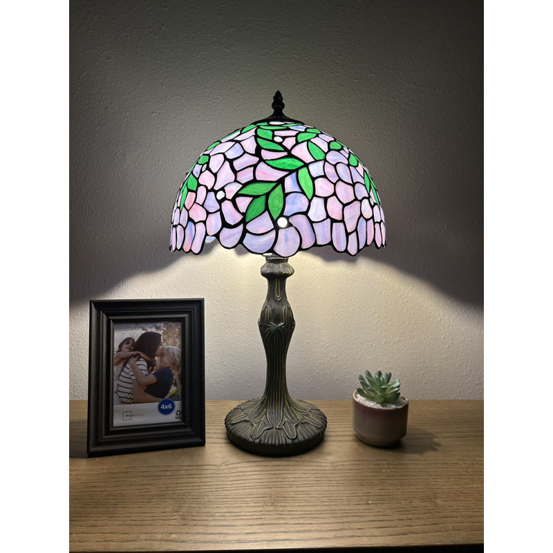 Veale Tiffany Table Lamp Purple Stained Glass Green Leaves LED Bulb Included 19" H*12" W