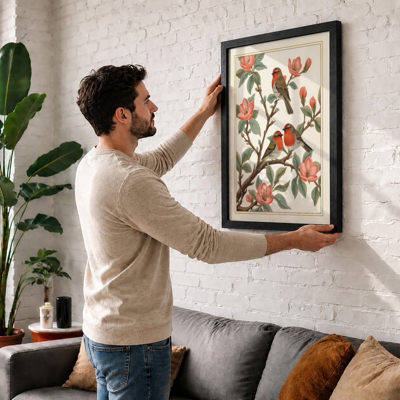 Songbirds Among Blossoms Botanical - Framed Print, A2 - 59.4 x 42.0 cm, White