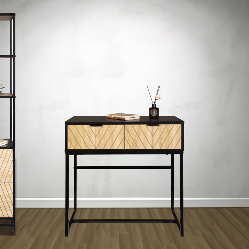 Console moderne avec tiroirs en bois à chevrons et cadre noir mat