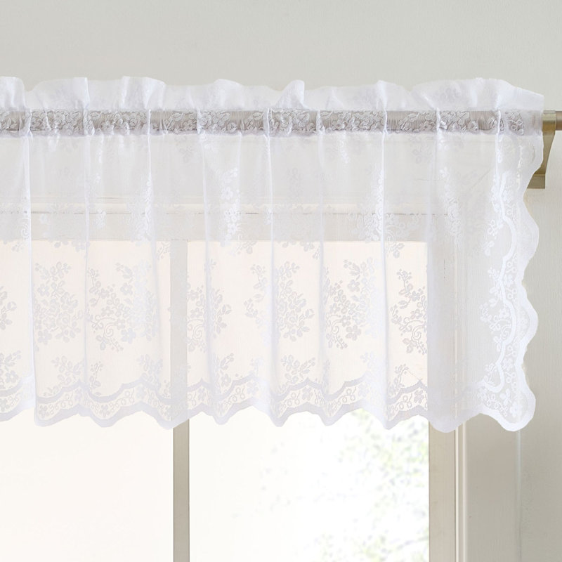 Stefani Floral Rod Pocket Lace Semi Sheer Voile Short Valance for Small Windows, Kitchen & Bathroom - 54 x 18 Inch Length