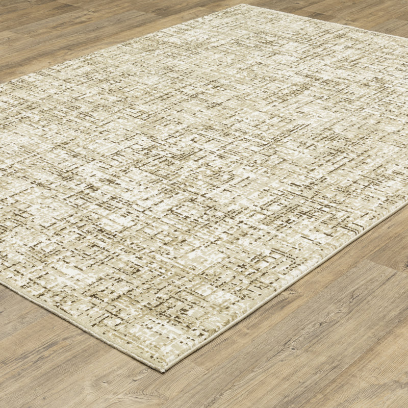 Tapis rayé rayé ivoire / brun Rayan, Rectangle 3 pi 3 po x 5 pi