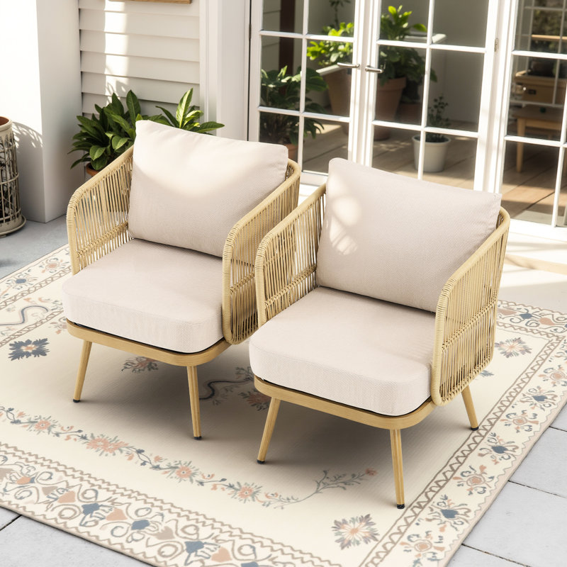 Chaises de jardin et de véranda en PE tout temps, 2 avec coussins de 10 cm de haut, style bohème, pour terrasse.