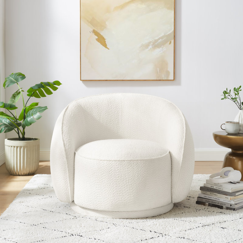 Kannen Upholstered Swivel Accent Chair, White Boucle Polyester