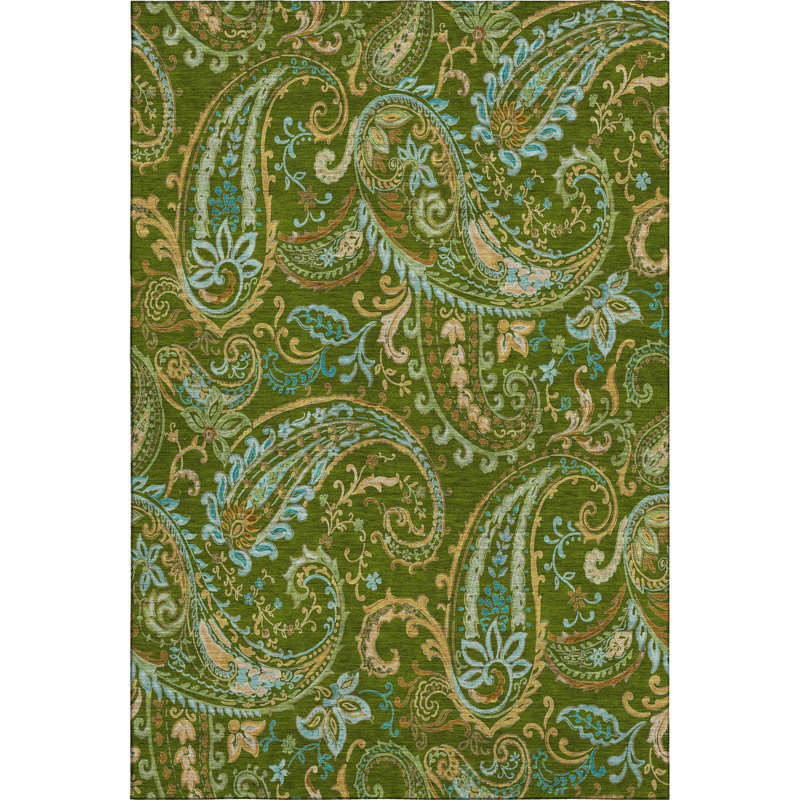 Premium Machine Washable Cerrito AMF533 Green Rug, Rectangle 9' x 12'