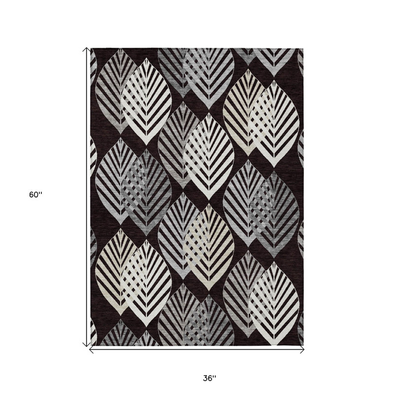 3' X 5' Silver Floral Washable Indoor Outdoor Area Rug