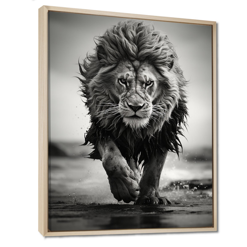 Lion noir et blanc qui court en Afrique - Art mural grand lion, H 20 po x l 12 po, Érable