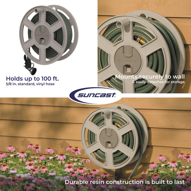 Suncast 11.5 in. W x 15.75 in. D Resin Hose Reel with Crank Handle and Concealed Storage, Made in the USA