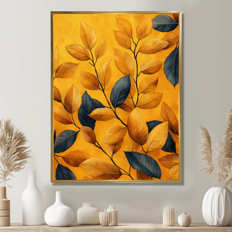 Décoration murale Riya moutarde feuilles d'automne Embrace I - feuilles, H 32 po x l 16 po, Framed Print without Mat, Doré