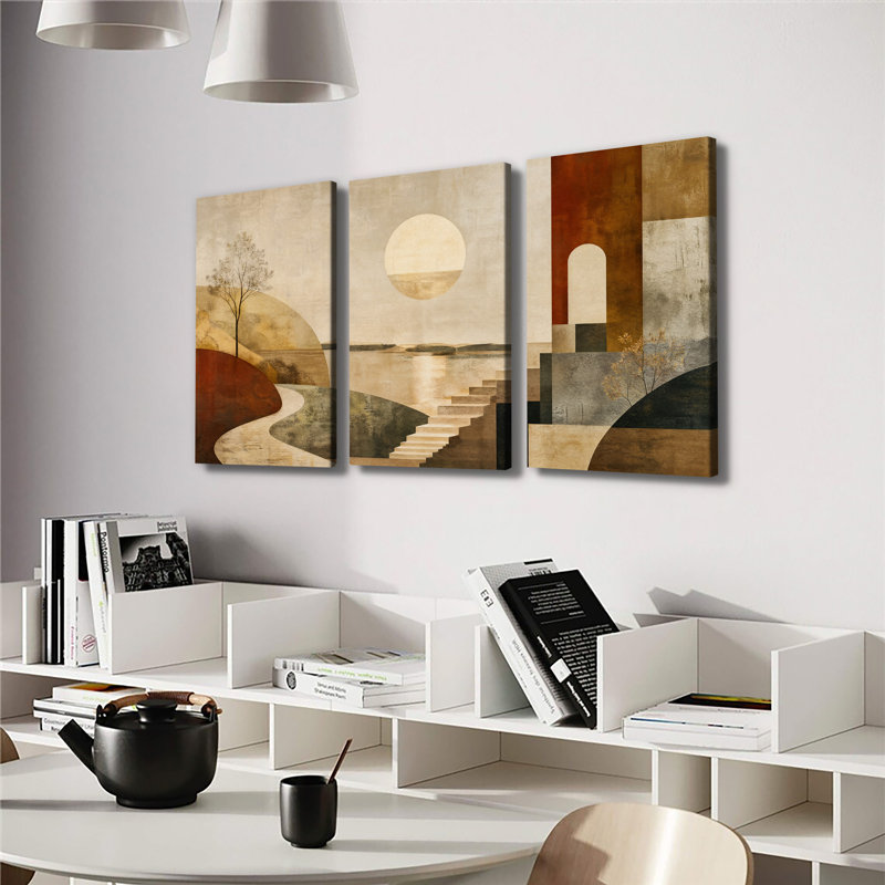 Géométrique, paysage abstrait, soleil, escalier, arche, art texturé sur toile tendue 3 pièces (1), 24" H x 48" W x 1" D