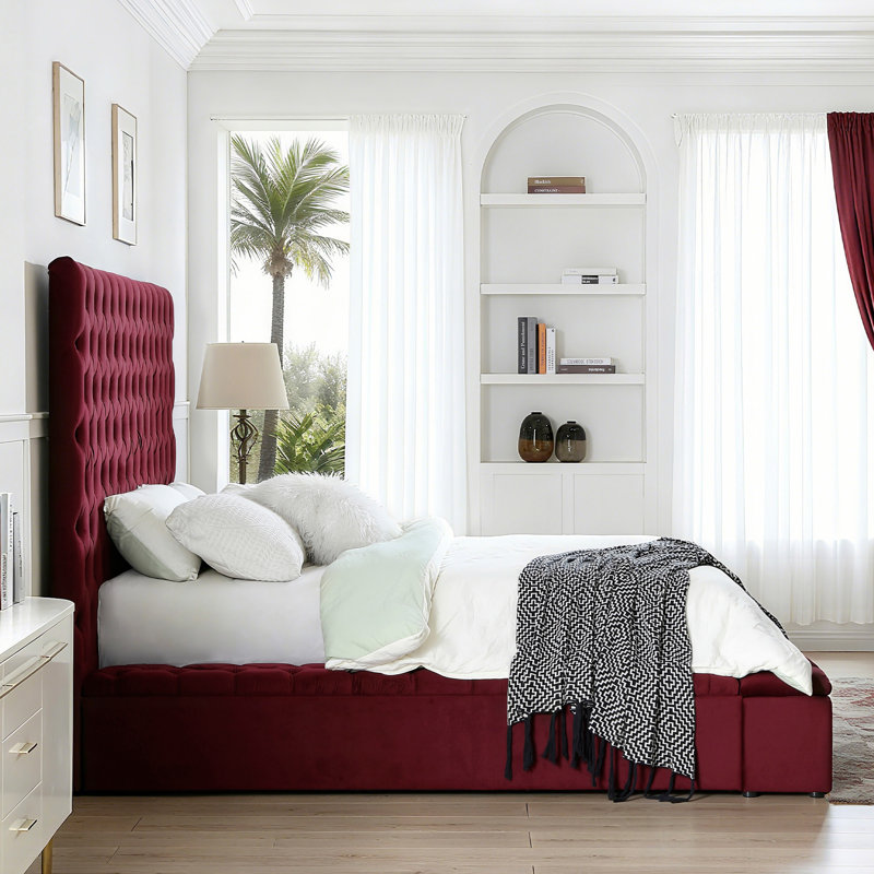Lit plateforme tapissier Mikara, Grand, Bourgogne