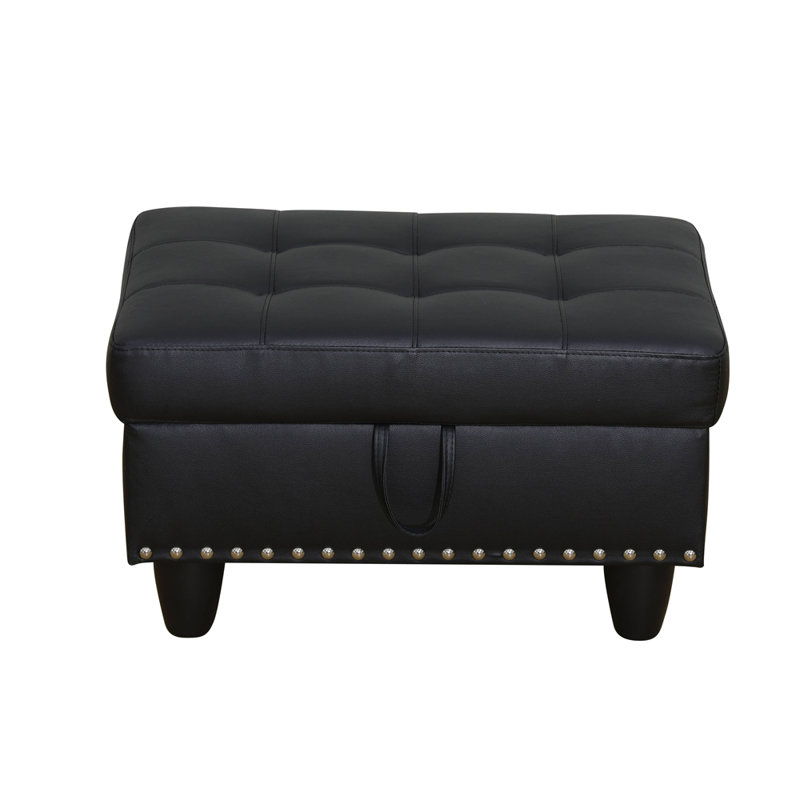 Yinn Upholstered Standard Storage Ottomans with Nails, Black Faux Leather