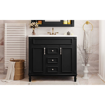Meuble-lavabo de salle de bain 36 po. Design moderne, matériaux. 2 portes, tiroirs. Vaste espace de rangement. Lavabo en céramique. Rangement noir à fermeture en douceur