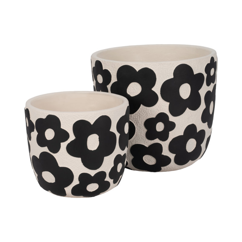 Sagebrook Home 2-Pieces Flower Power Planters, Light Green, Black/White