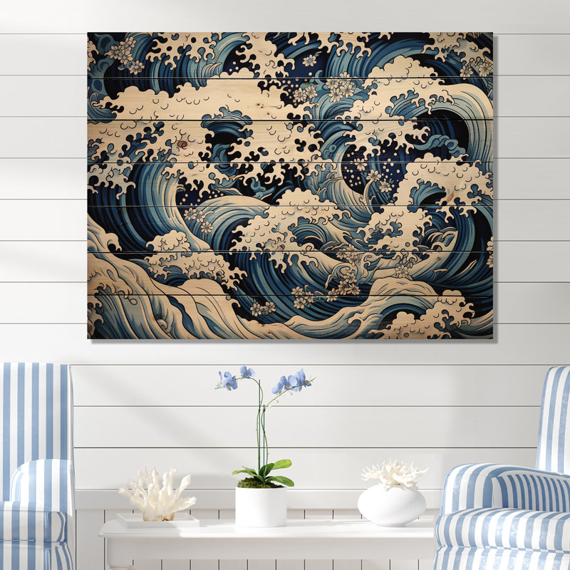 Vagues japonaises dans une tempête I - Tropical côtier sur bois, H 24 po x l 32 po x P 0,78 po