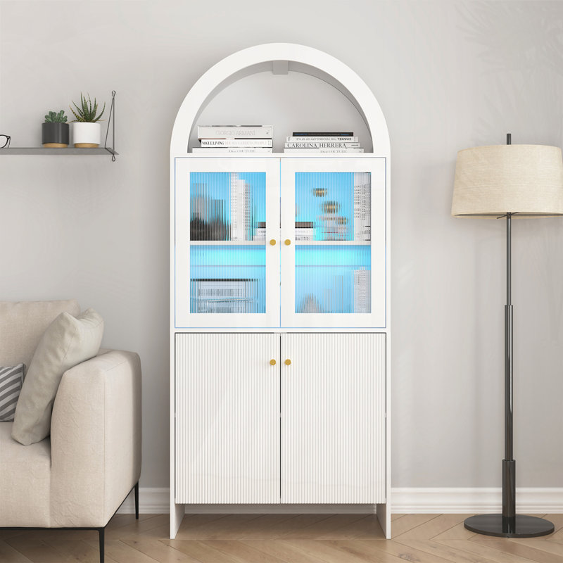 Armoire de rangement arquée avec éclairage DEL, Blanc / Doré