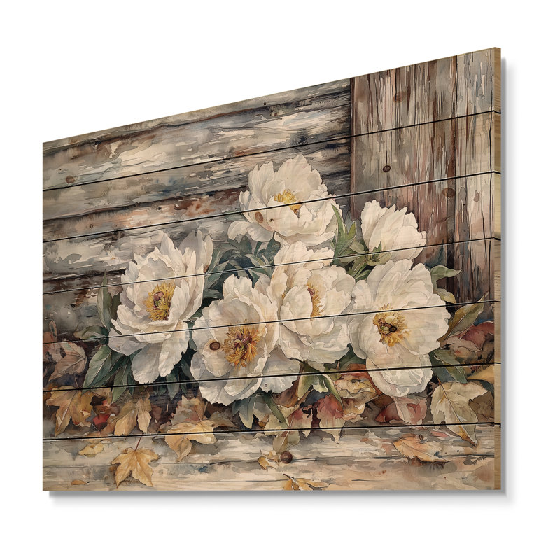 Pivoines près de la grange d'automne - Décoration murale en bois de pivoines - sur bois de pin naturel