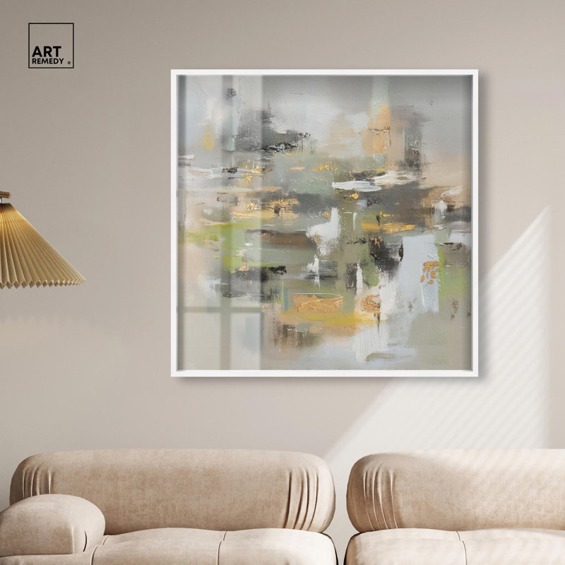 Décoration murale abstraite «Moss Agate I Shadowbox Print» par Art Remedy, cadre blanc, 40 x 40, H 41 po x l 41 po