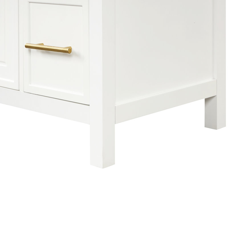 Armoire de meuble-lavabo 36 po, avec finition en bois massif et blanc, lavabo à gauche, 2 portes, 3 tiroirs en céramique - peint deux portes et trois tiroirs, position à gauche