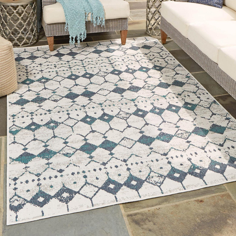 Tapis intérieur / extérieur ivoire / bleu Southwestern, Rectangle 4 pi x 6 pi