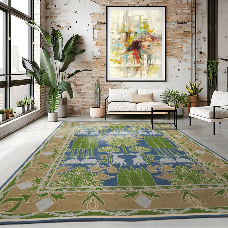 Tapis multicolore bleu touffeté à la main, Rectangulaire 8 pi x 10 pi