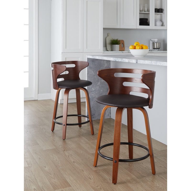 Walnut and Black Swivel Counter Stools with Bent Wood Back
