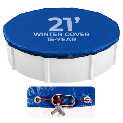 Blue Wave Arctic Armor 12-ft Round Above Ground Pool Winter Cover, Heavy Duty Solid Cover with 14x14 Laminated Polyethylene, 4-ft Overlap, Metal Grommets, Cable and Winch, 15-Year Limited Warranty