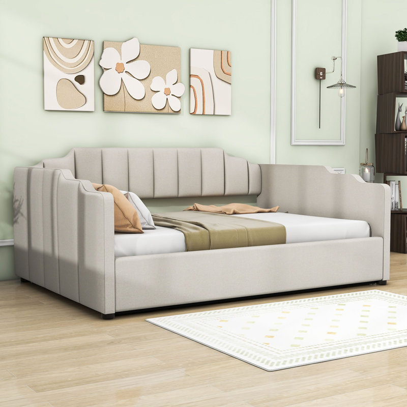 Wood Upholstered Daybed with Underneath Storage, Full, Beige