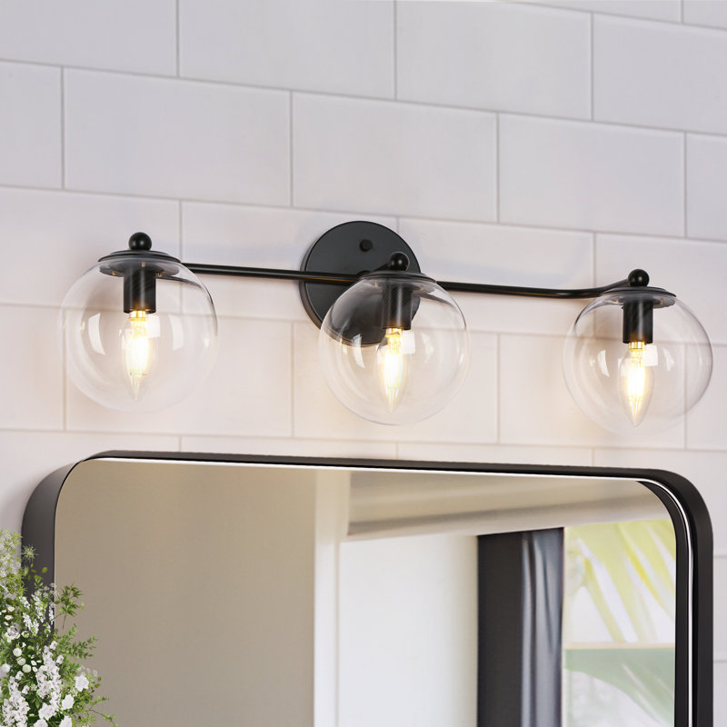 Mansurah 3-Light Dimmable Globe Vanity Light  with Seeded Glass, 3, Matte Black