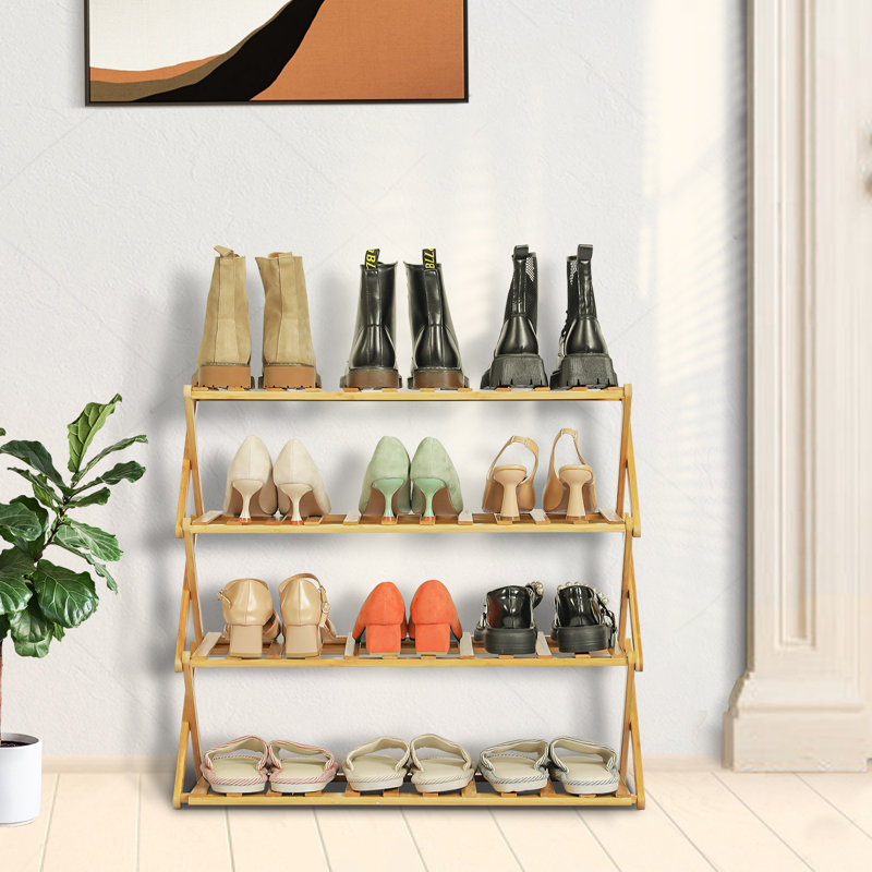 3 Tiers 9 Pairs Folding Shoe Rack, Installation-Free Bamboo Organizer Storage Shoes Shelf for Home
