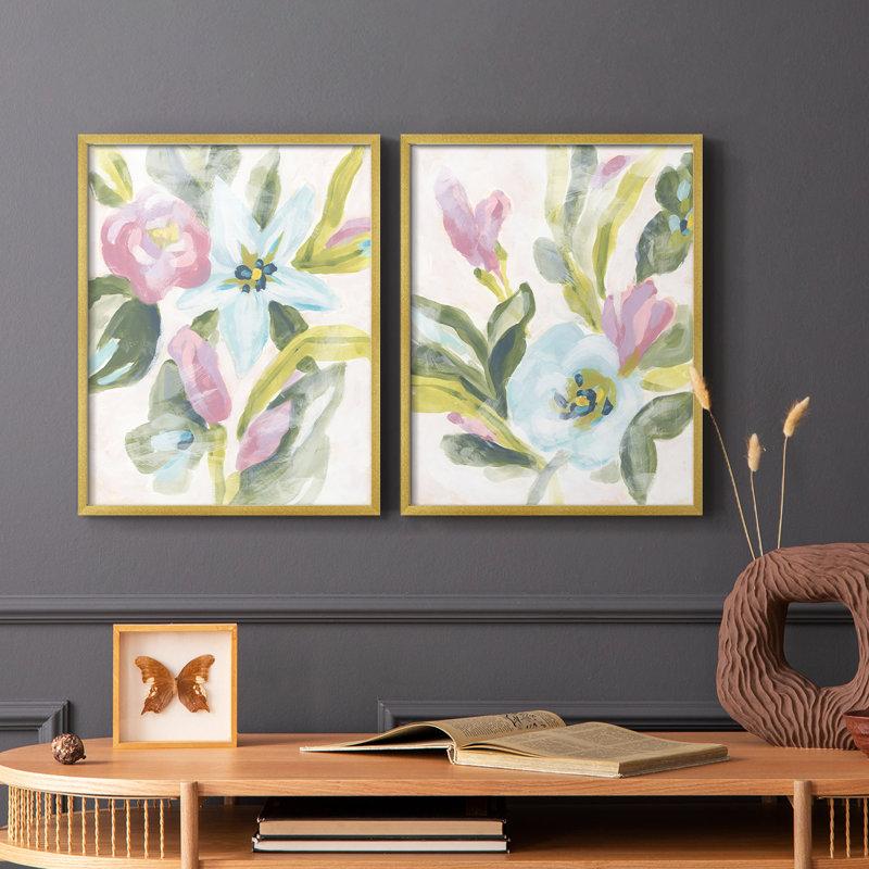 Impression encadrée florale Fresco I-Premium - prête à être accrochée - aucun clou requis - aucun clou requis, Doré