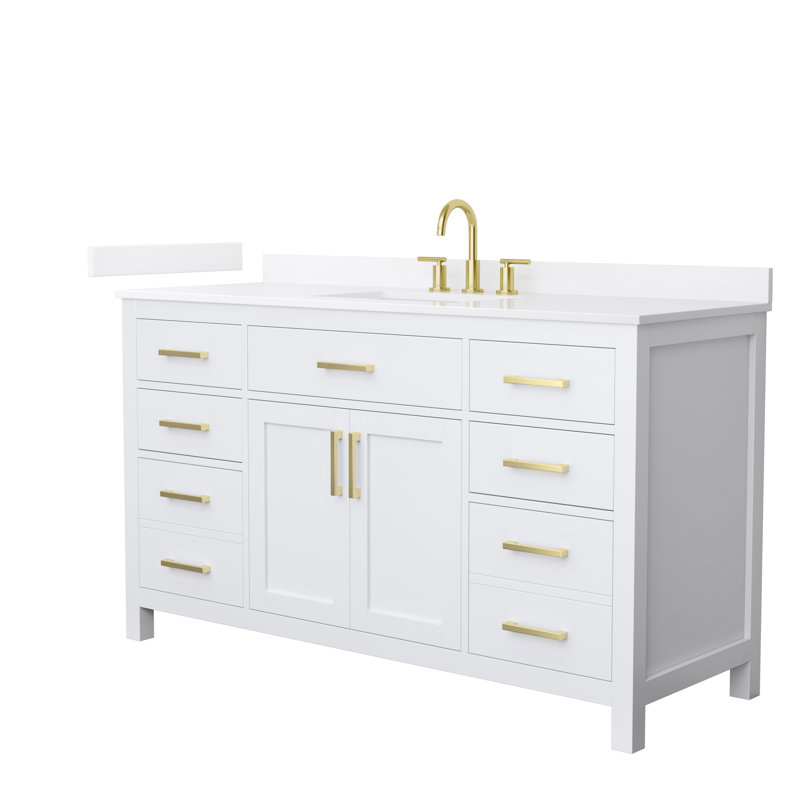 Beckett 60" Freestanding Single Bathroom Vanity with Quartz Top, White, Brushed Gold, White Quartz