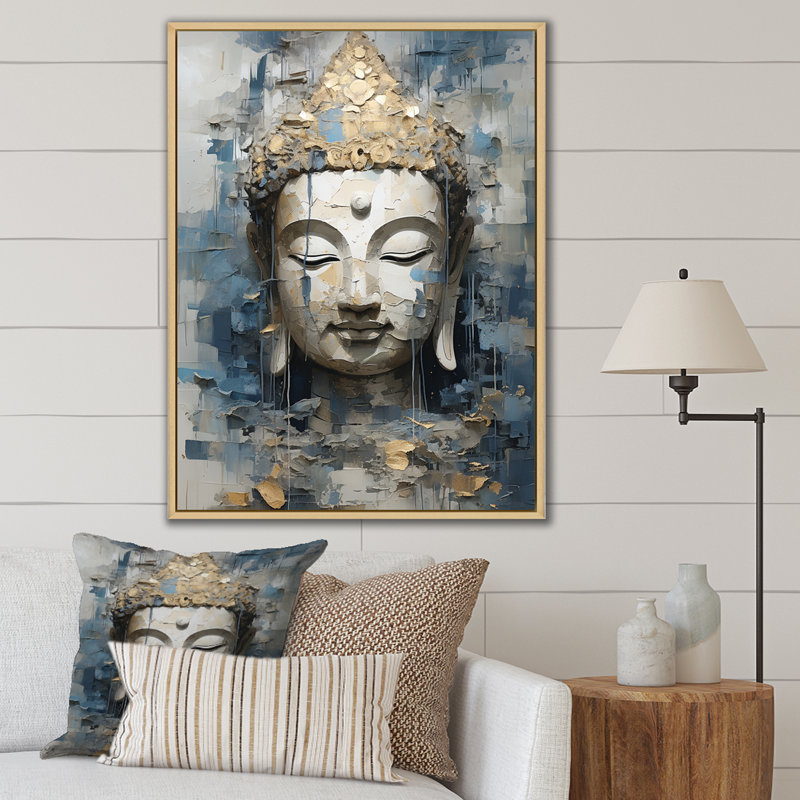 Statue religieuse du bouddhisme royal sur toile, Cadre naturel flottant, 40" H x 30" W