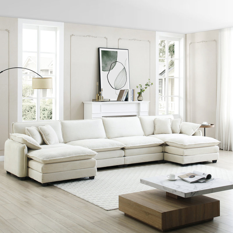 Velours côtelé rembourré - 4 places avec 2 repose-pieds, beige, tissu élégant de style repose-pieds moderne pour la maison, gris