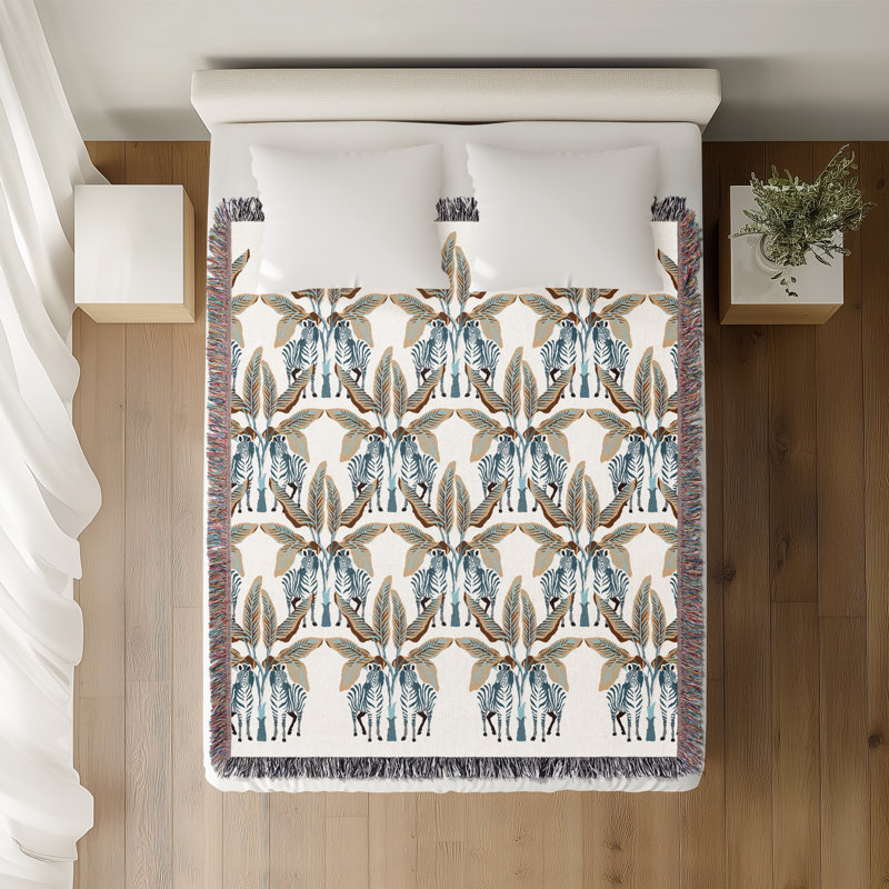 Jeté en mélange de coton Xavier Zebra, L 70 po x l 50 po, Beige / brun / bleu sarcelle foncé / blanc cassé
