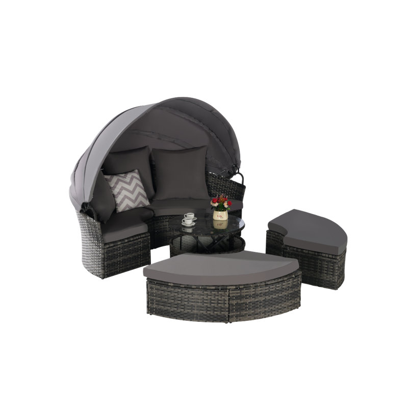 5 Pieces Outdoor Patio Round Daybed Furniture,Wicker Conversation Set With Retractable Canopy, Soft Cushions, And Storable Table For Leisure In Porch Backyard