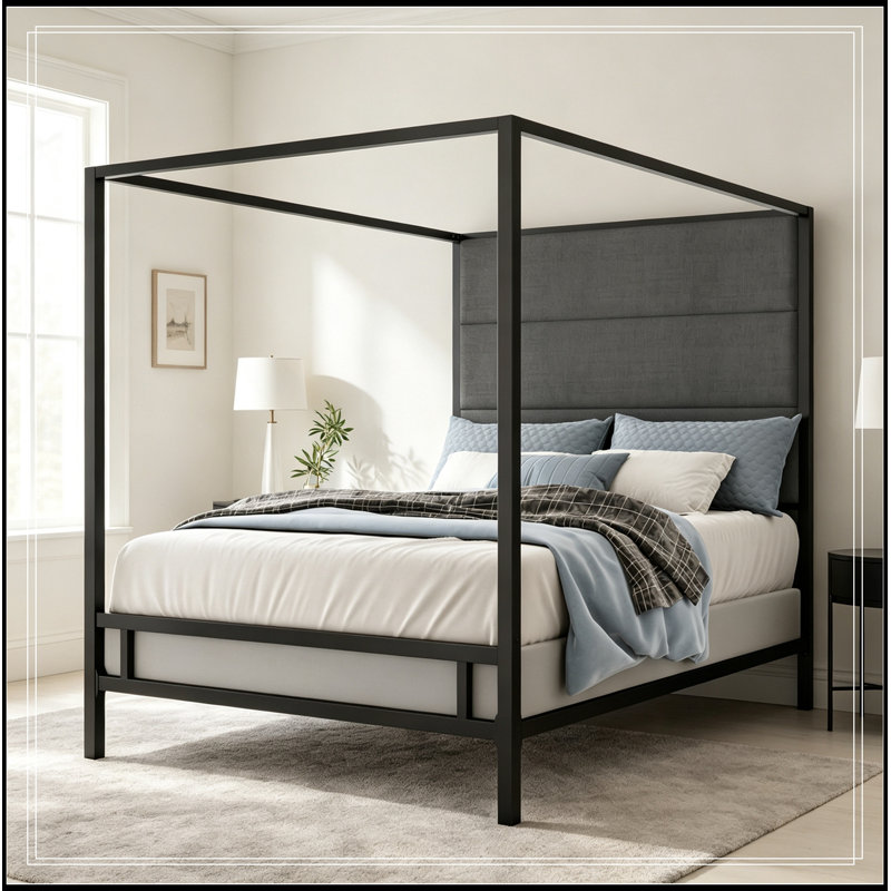 Tête de lit tapissier en métal avec grand lit Geib, Noir
