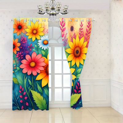 2 pièces rideaux occultants floraux éclatants, rideaux de fenêtre tournesols et marguerites aquarelles, panneaux de décoration artistique pour salon, chambre à coucher, accessoires pour la maison