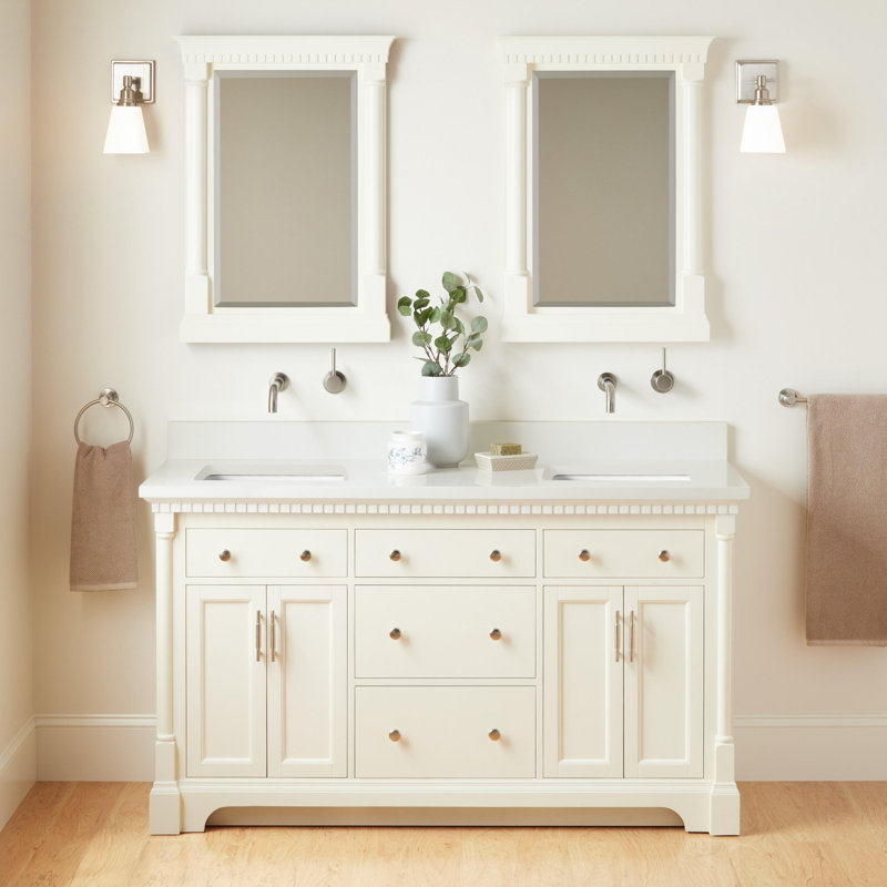 Claudia 60" Mahogany Double Basin Vanity Set with Cabinet, Vanity Top, White, Arctic White Quartz, Single-Hole