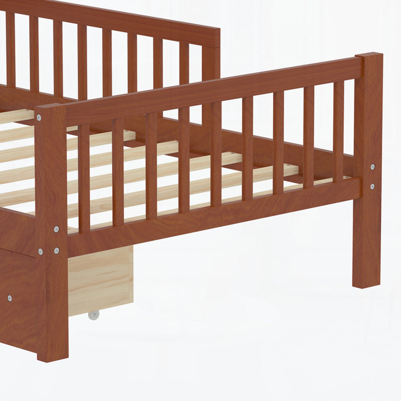 Wooden Bed with Two Under-Bed Drawers, Walnut