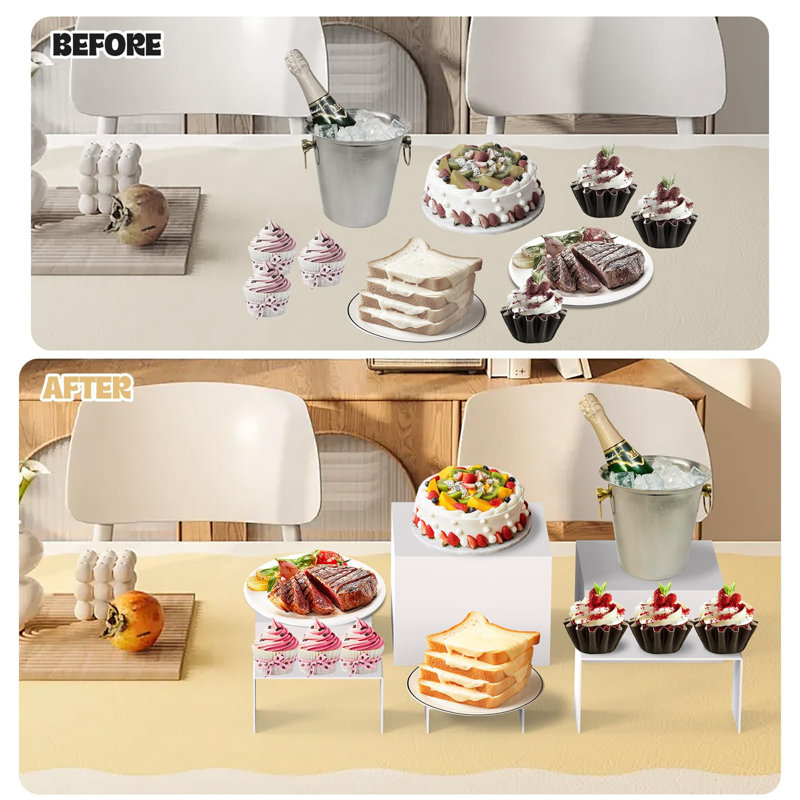 6Pcs Buffet Risers, 3 Set White Acrylic Display Boxes With Display Stand