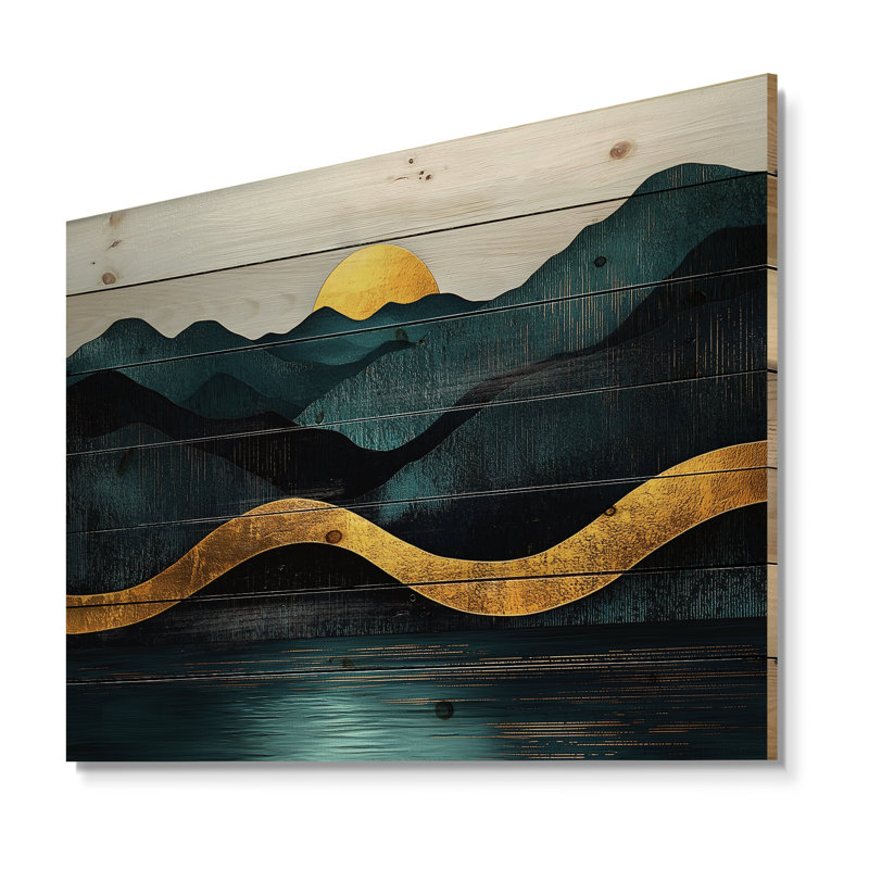 «Quiet Bold Mountain» en harmonie bleu doré I - Art mural en bois de lac - sur bois de pin naturel
