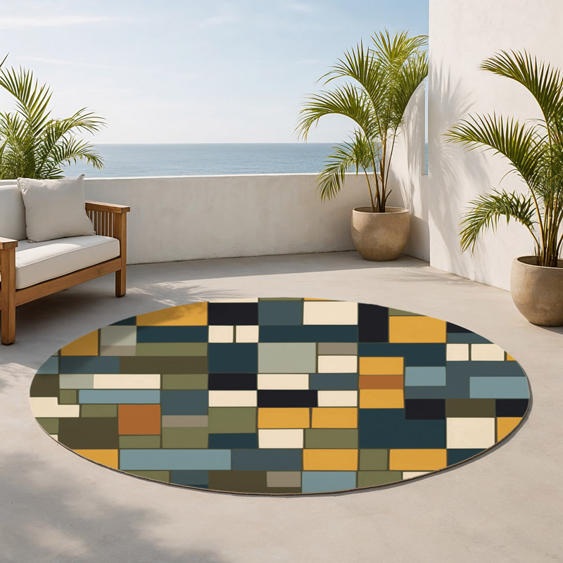 Tiled Grounds Indoor And Outdoor Area Rug, Round 5'