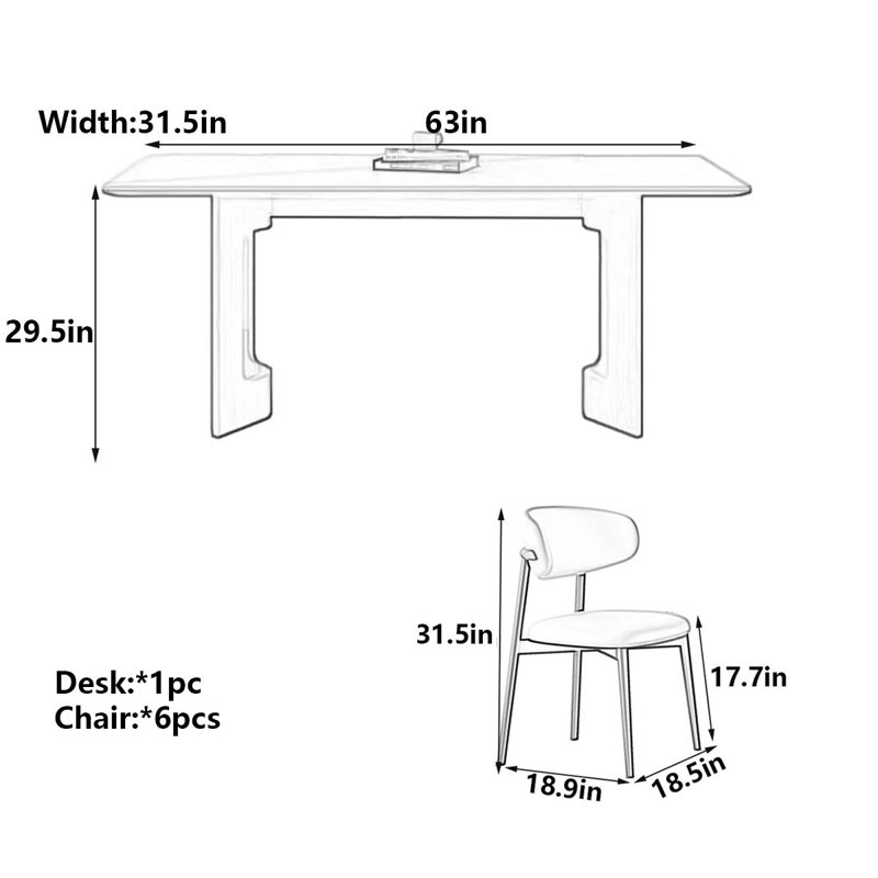 Table de salle à manger en bois massif et panneau de pierre, 7 pièces : table, 6 chaises, H 29,5 po x l 63 po x P 31,5 po